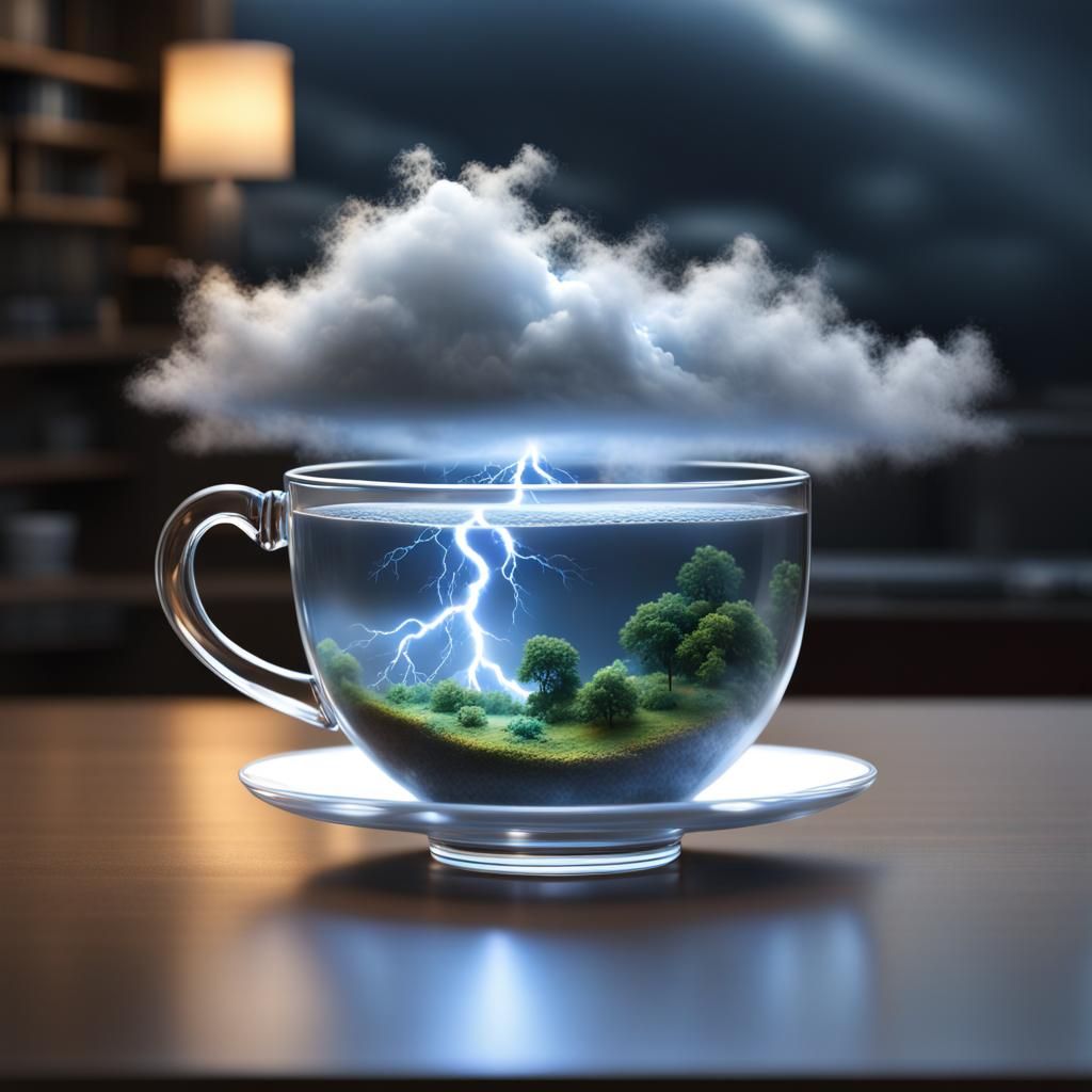 Stormy Teacup: Hyperrealistic Lightning in Glass
