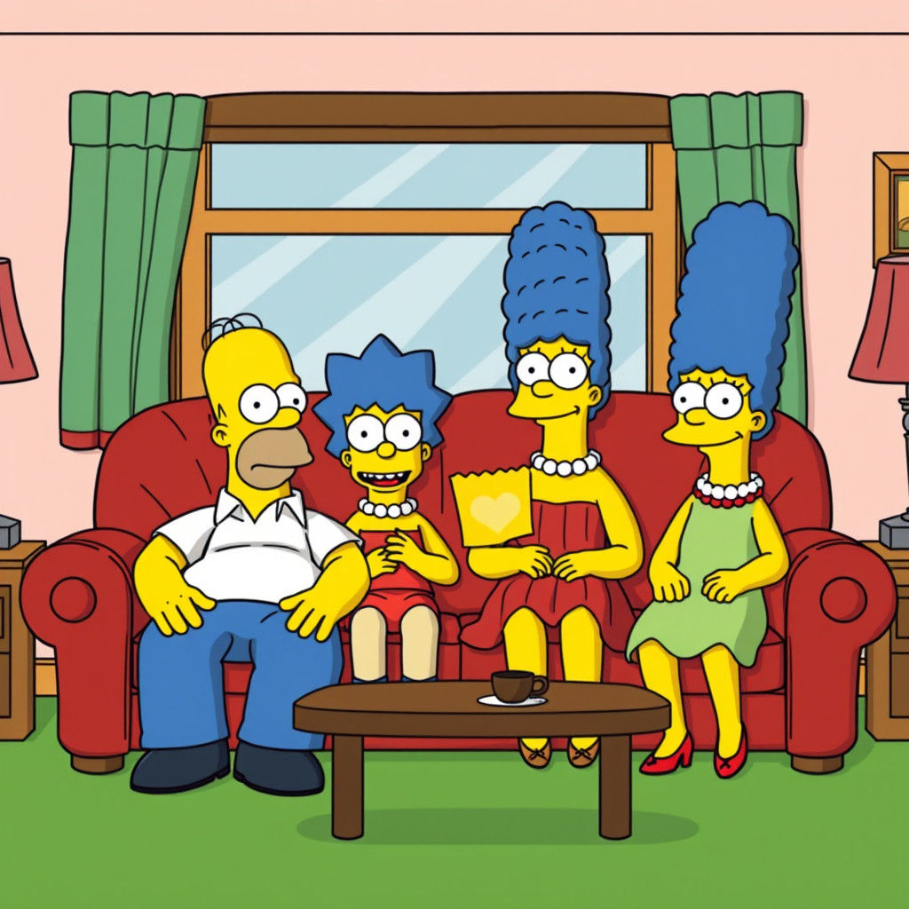 The Simpsons Family on the Couch in Cartoon Style