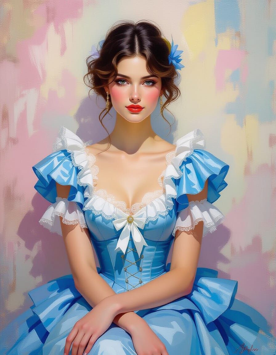Woman in Ruffles and Lace: Impressionist Rococo Painting