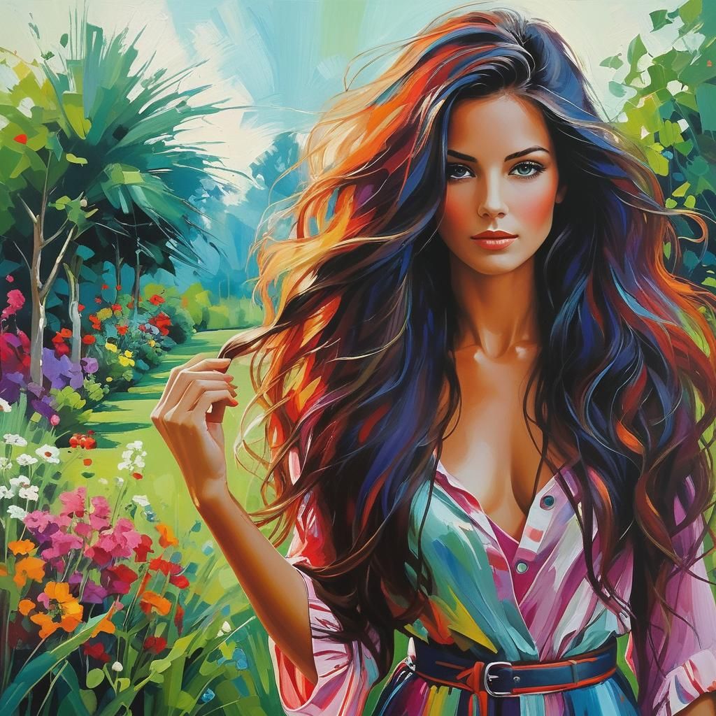 pretty woman, long hair, walking in garden "abstract art com...
