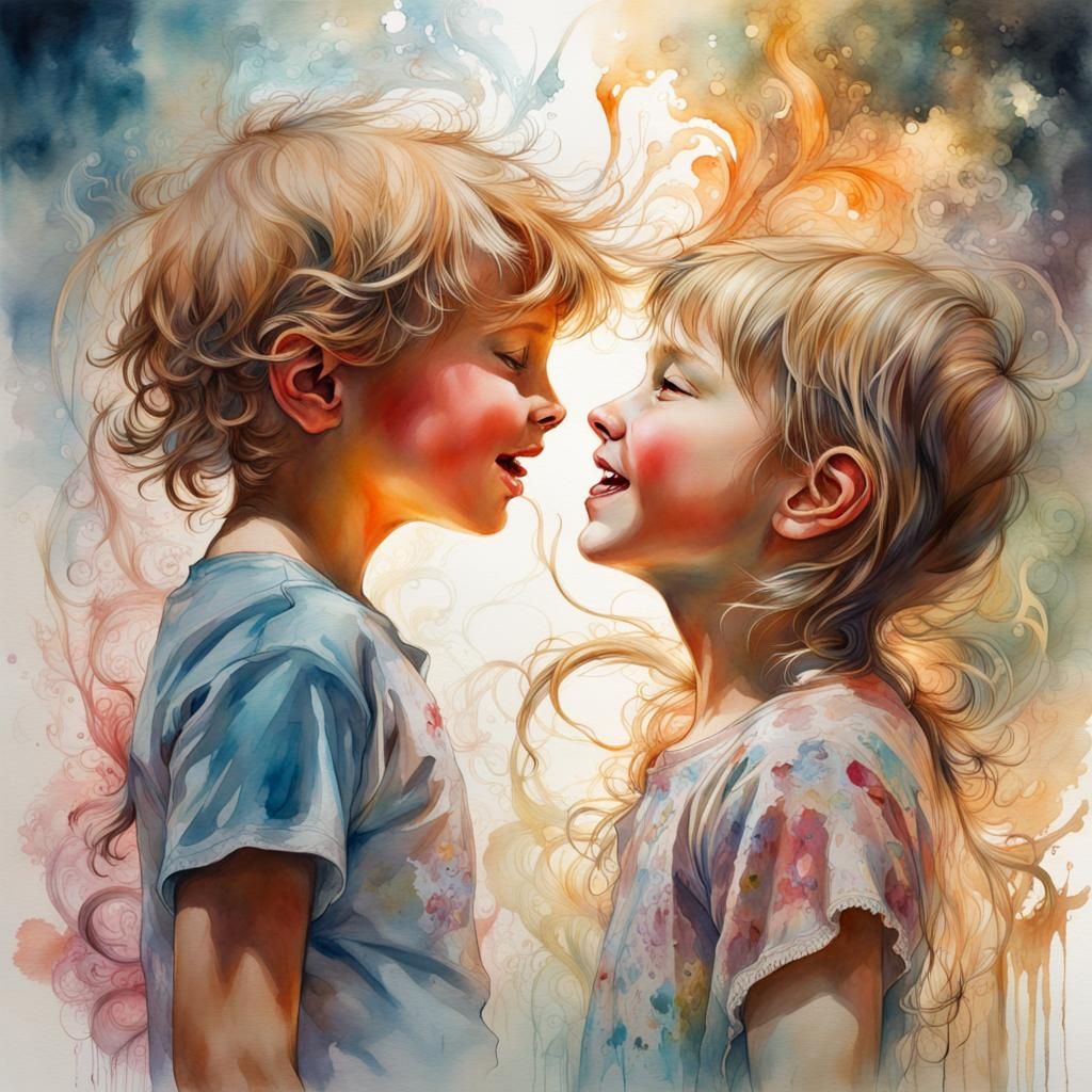 Happy Children in Art Nouveau Watercolor Painting