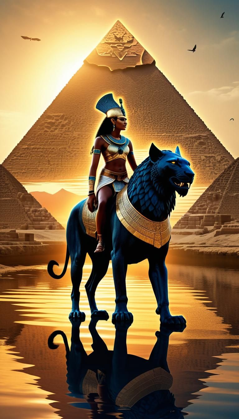 An ancient Egyptian Goddess riding a Manticore in front of The Great Pyramid