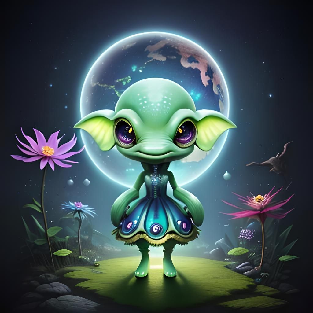 Adorable Alien Reptile Dancing in Magical Scenery