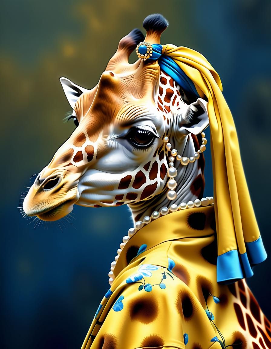 Giraffe with Pearl Earring in Vermeer Style