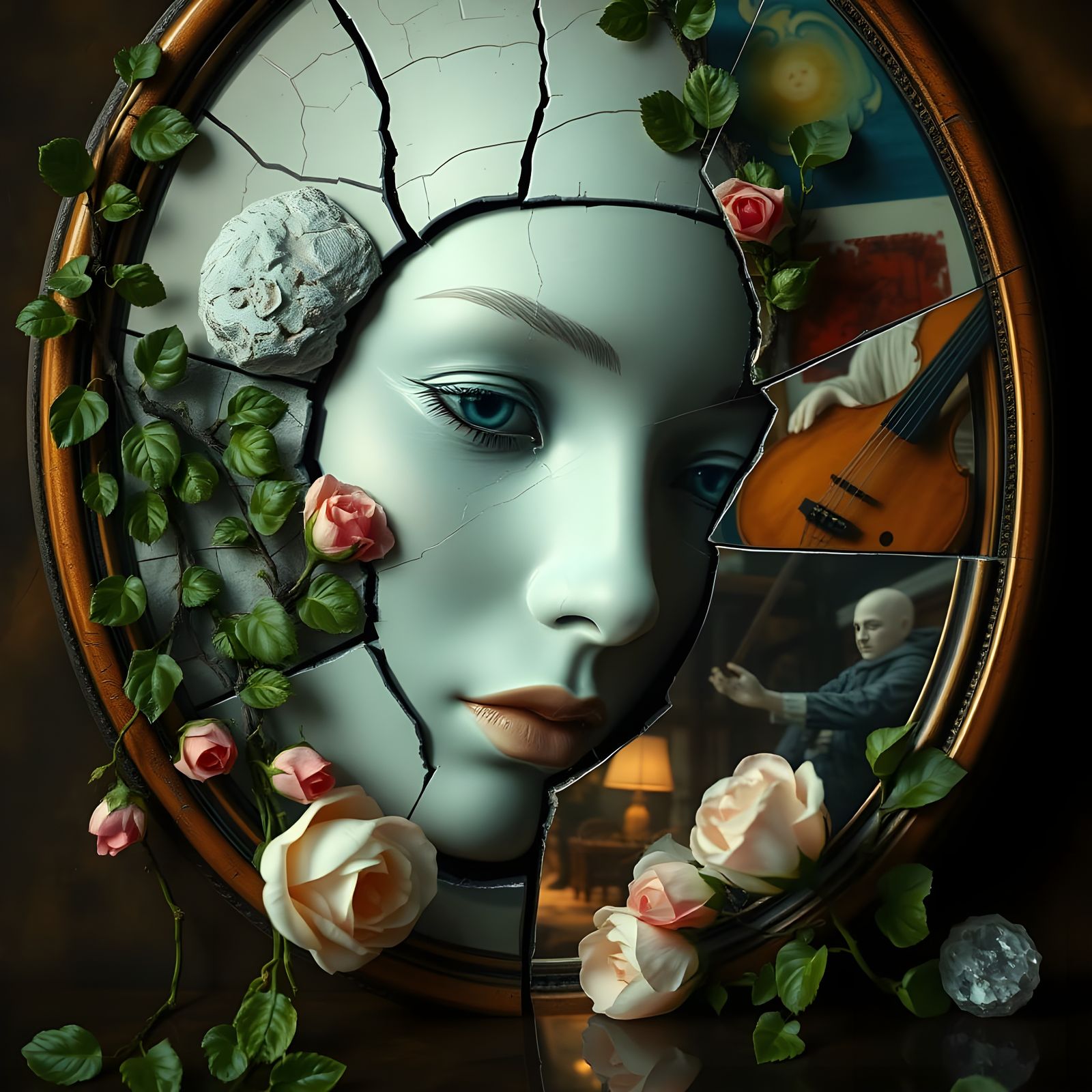 Botanical Growth From Fractured Porcelain Face