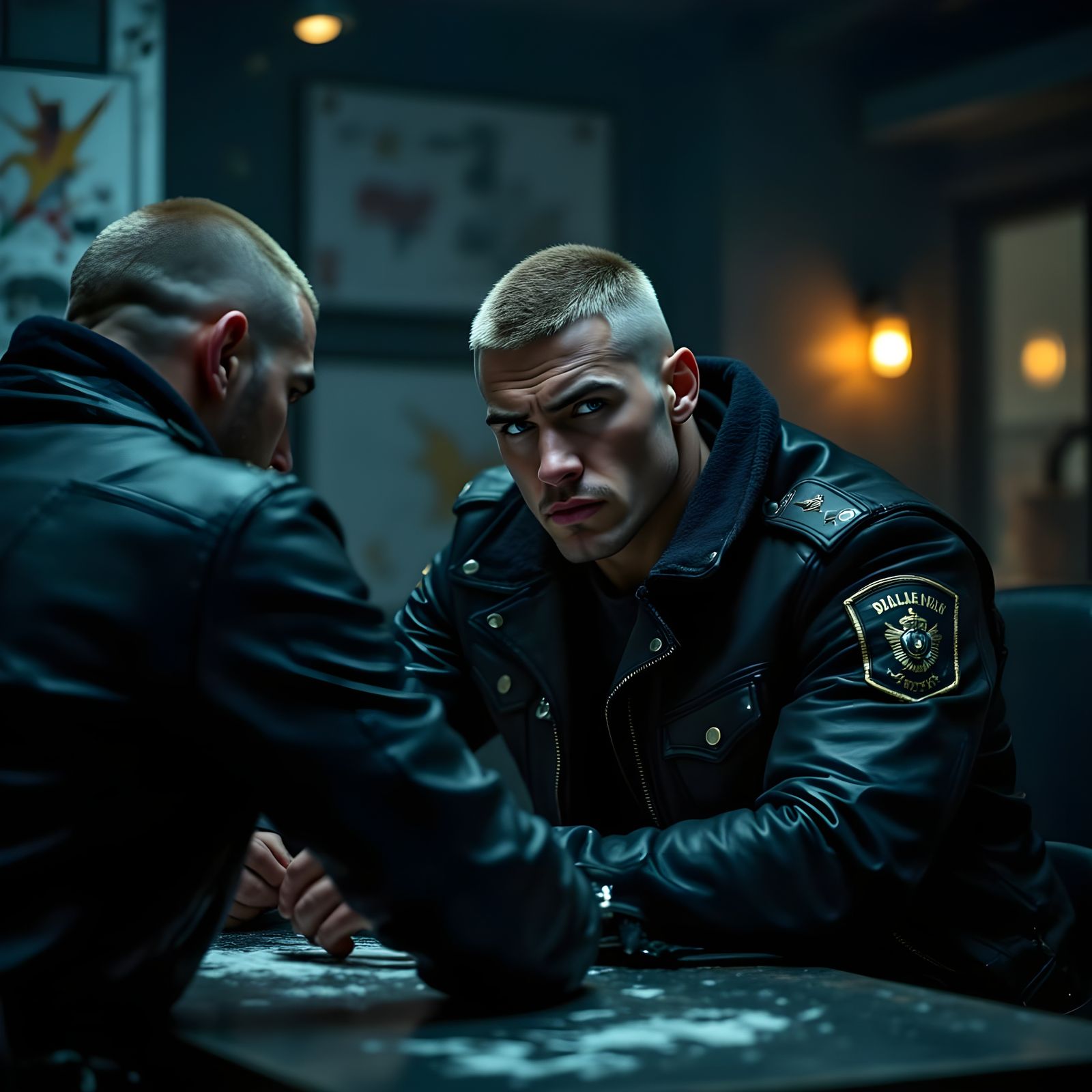 Gritty Police Interrogation in High-Contrast Cinematic Style