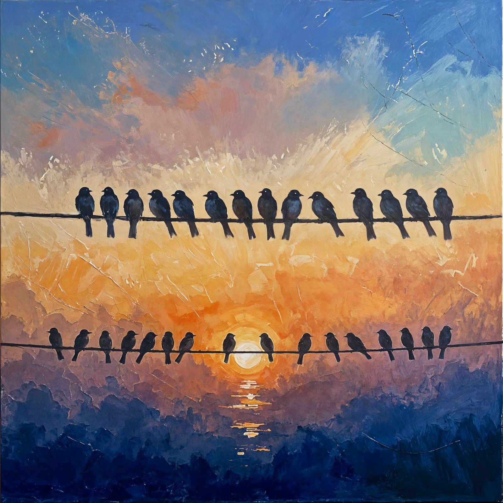 Impressionistic Oil Painting of Birds at Sunset