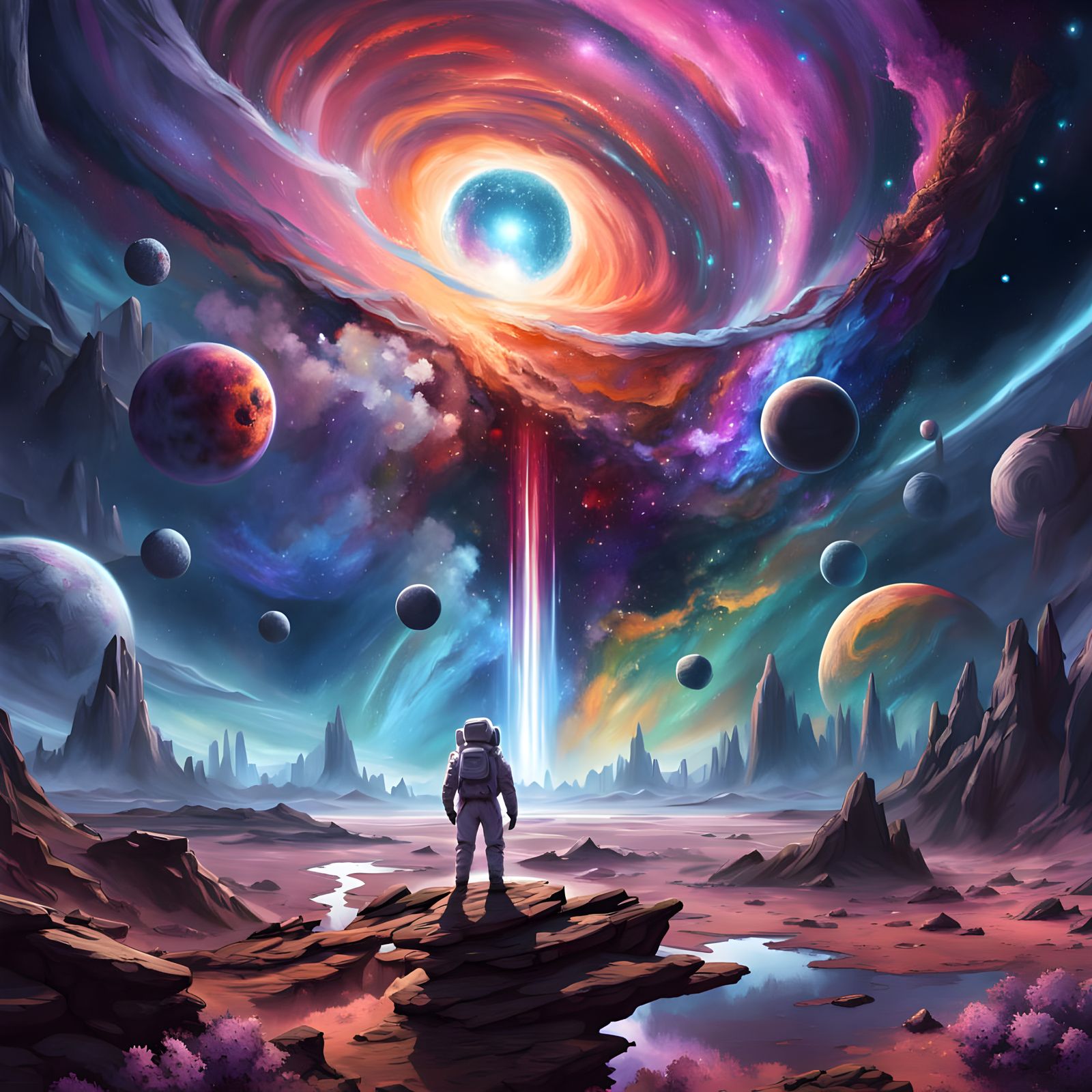 Astronaut Gazes at Psychedelic Nebula, Cosmic Digital Art