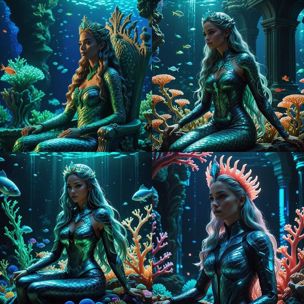 Bioluminescent Mermaid Queen in Underwater Kingdom