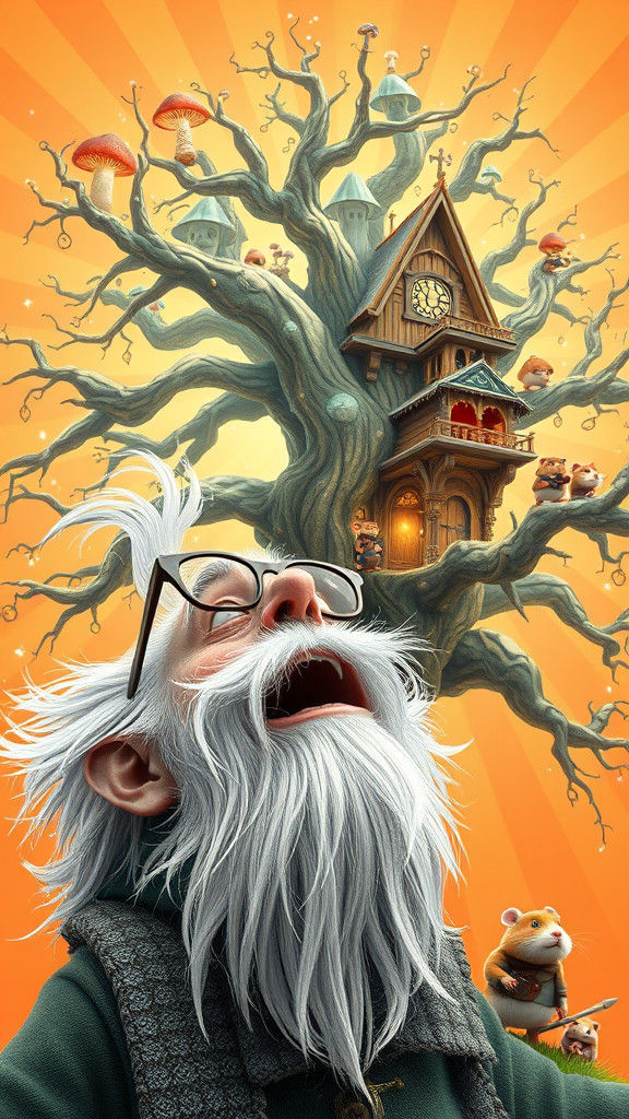 Whimsical 3D Cartoon of Astonished Man and Hamster Tree
