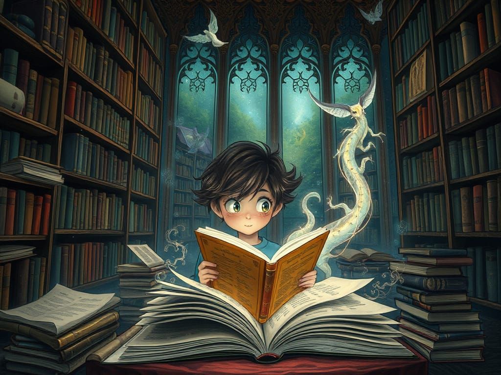 Whimsical Reader Surrounded by Magical Bookscapes