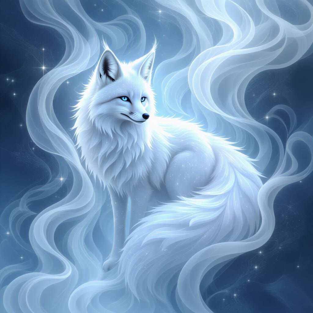 Glitter Fox Emerges from Fractal Waterfall in Cosmic Smoke