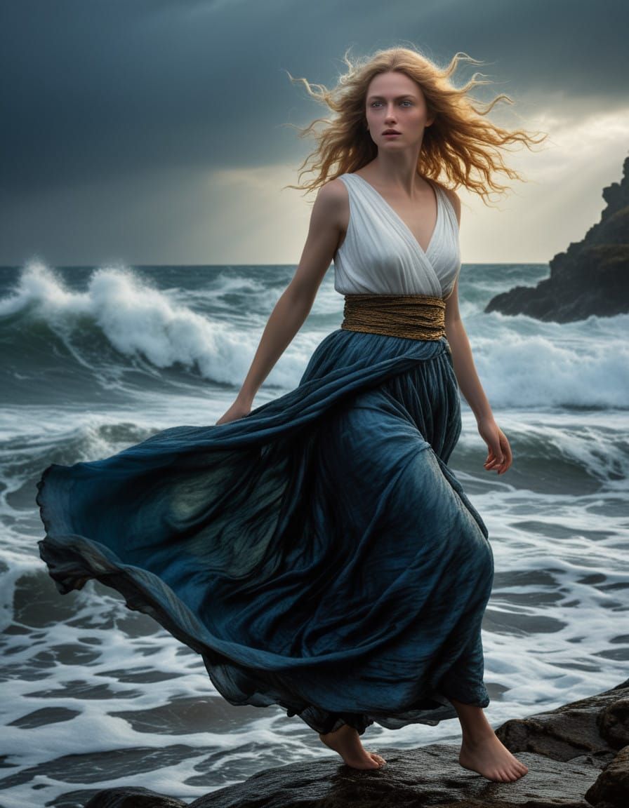 Woman Walking on Rocky Beach in Dramatic Chiaroscuro Style