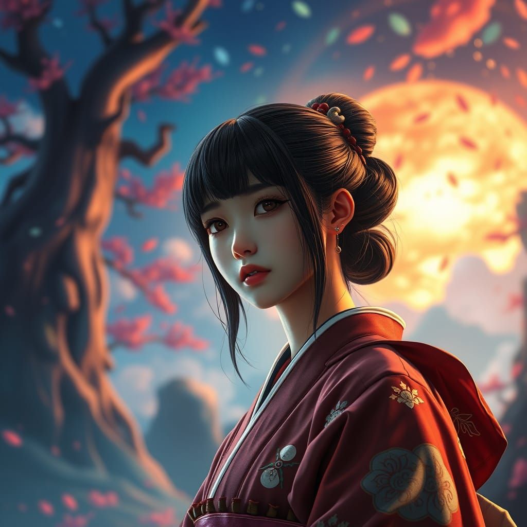 Japanese Girl in Vibrant Fantastical Landscape