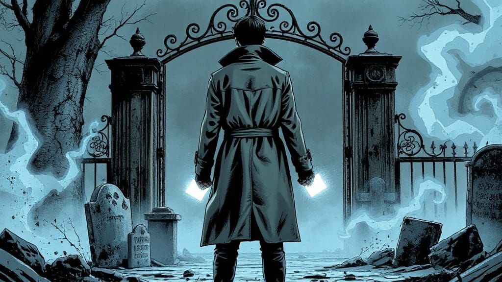 Ghost Hunter at Haunted Cemetery in Comic Style