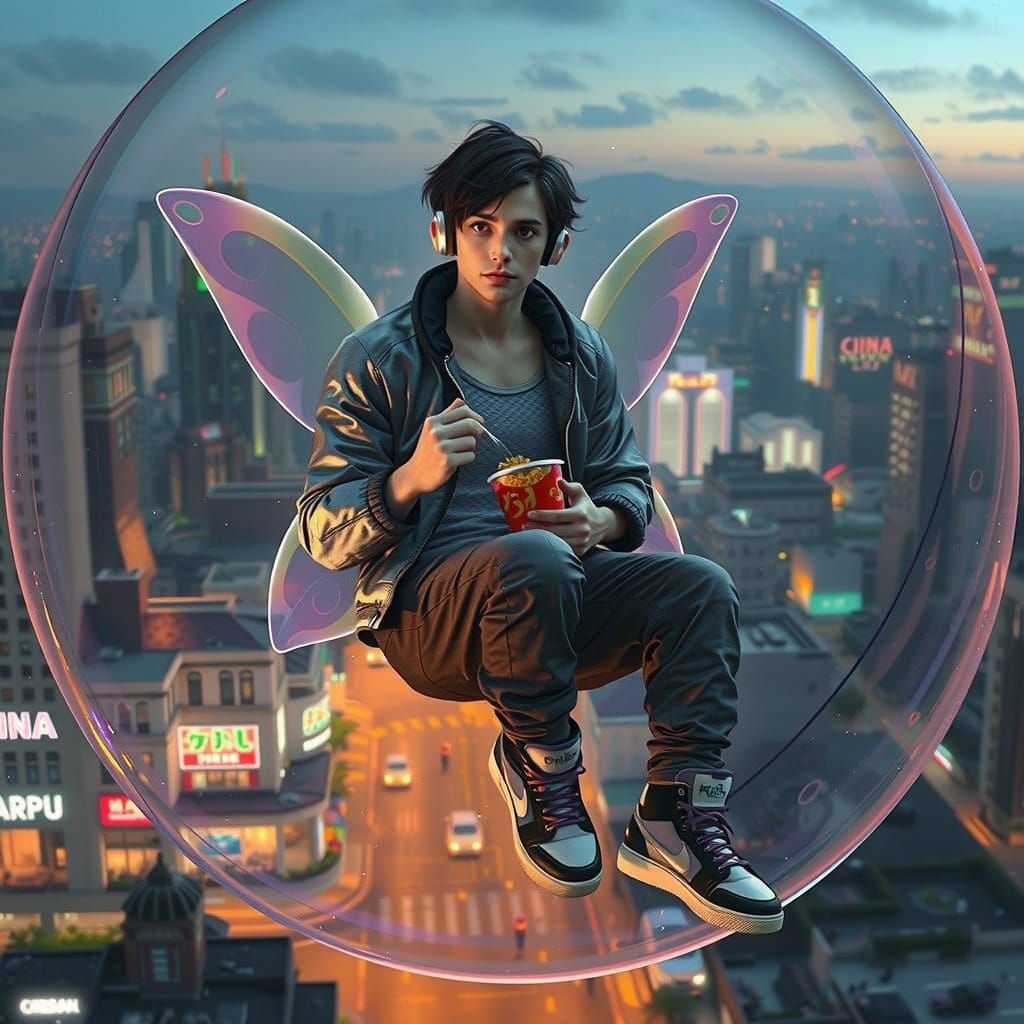 Fairy in Bubble Drifts Through Cyberpunk Cityscape