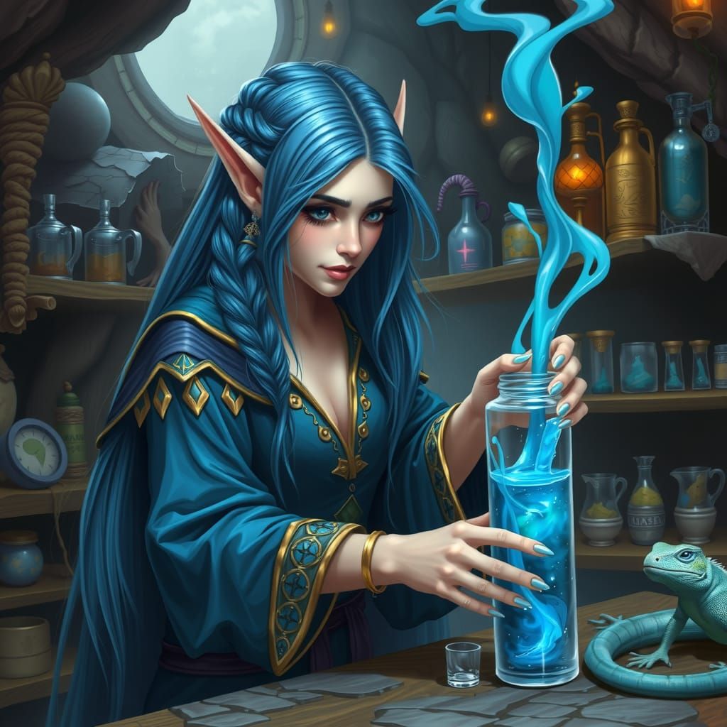 Blue Elf brewing up a blue potion while her friend Blue Liza...