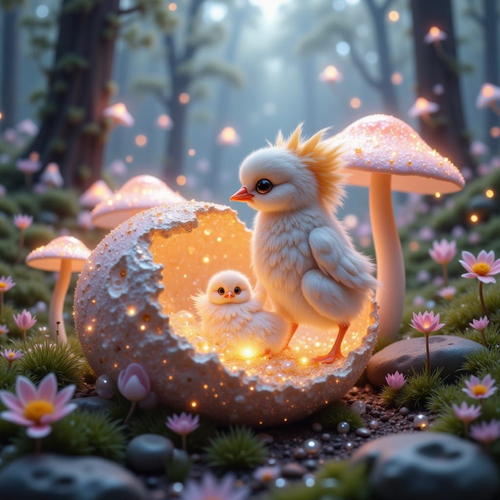 Chick Hatching from Geode in Anime Style