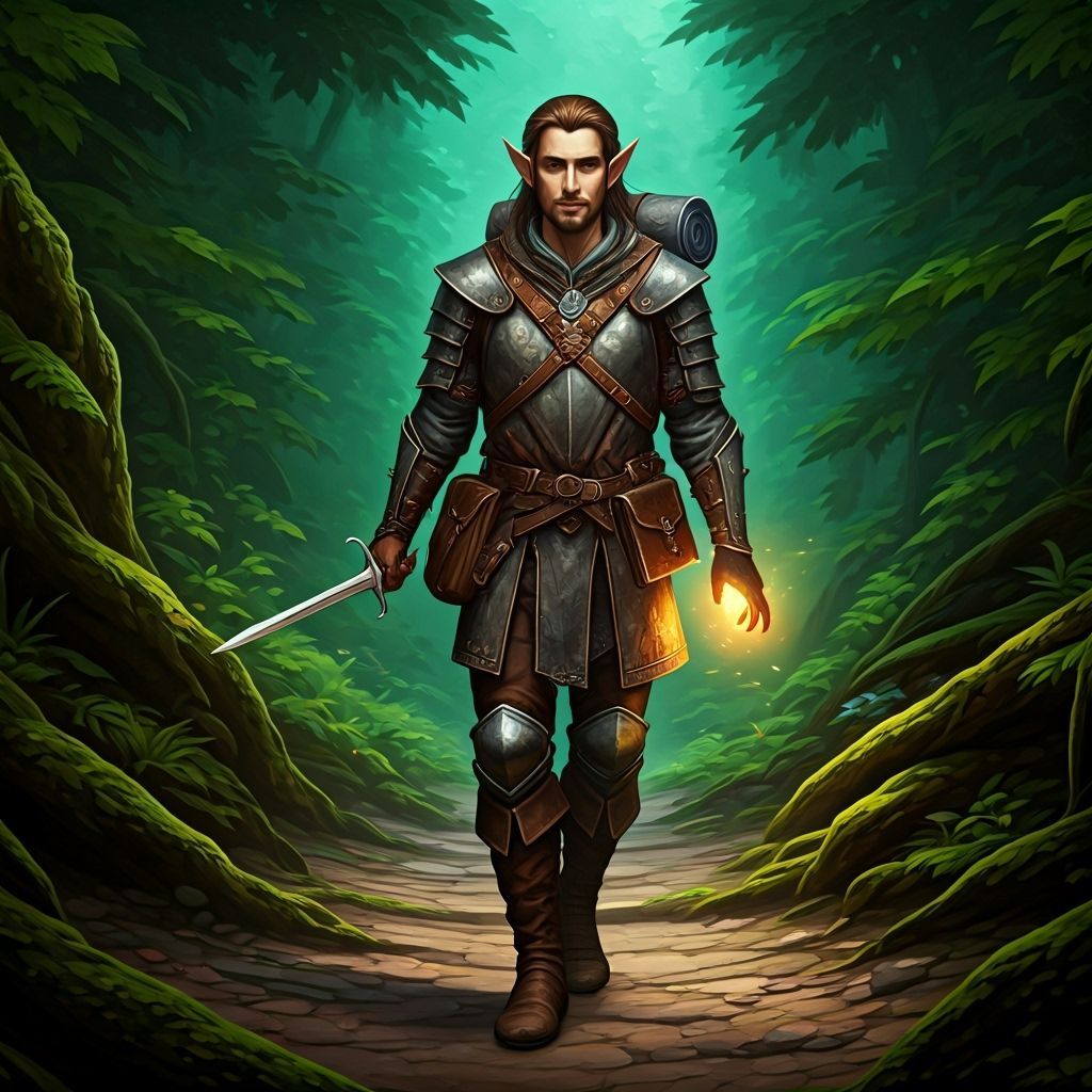 A male half-elf spellsword exploring a forrest.
