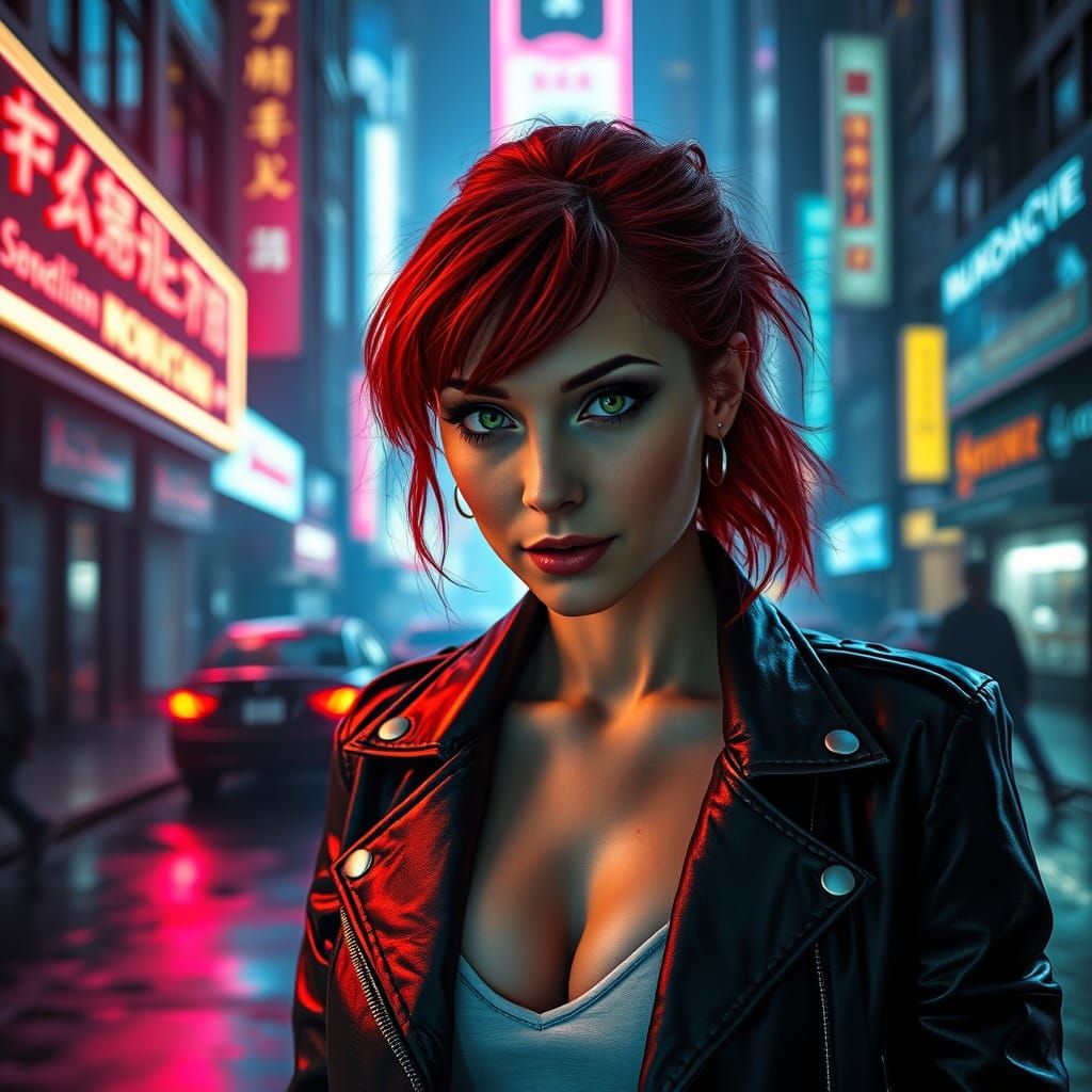 Cyberpunk Woman in Dystopian Cityscape