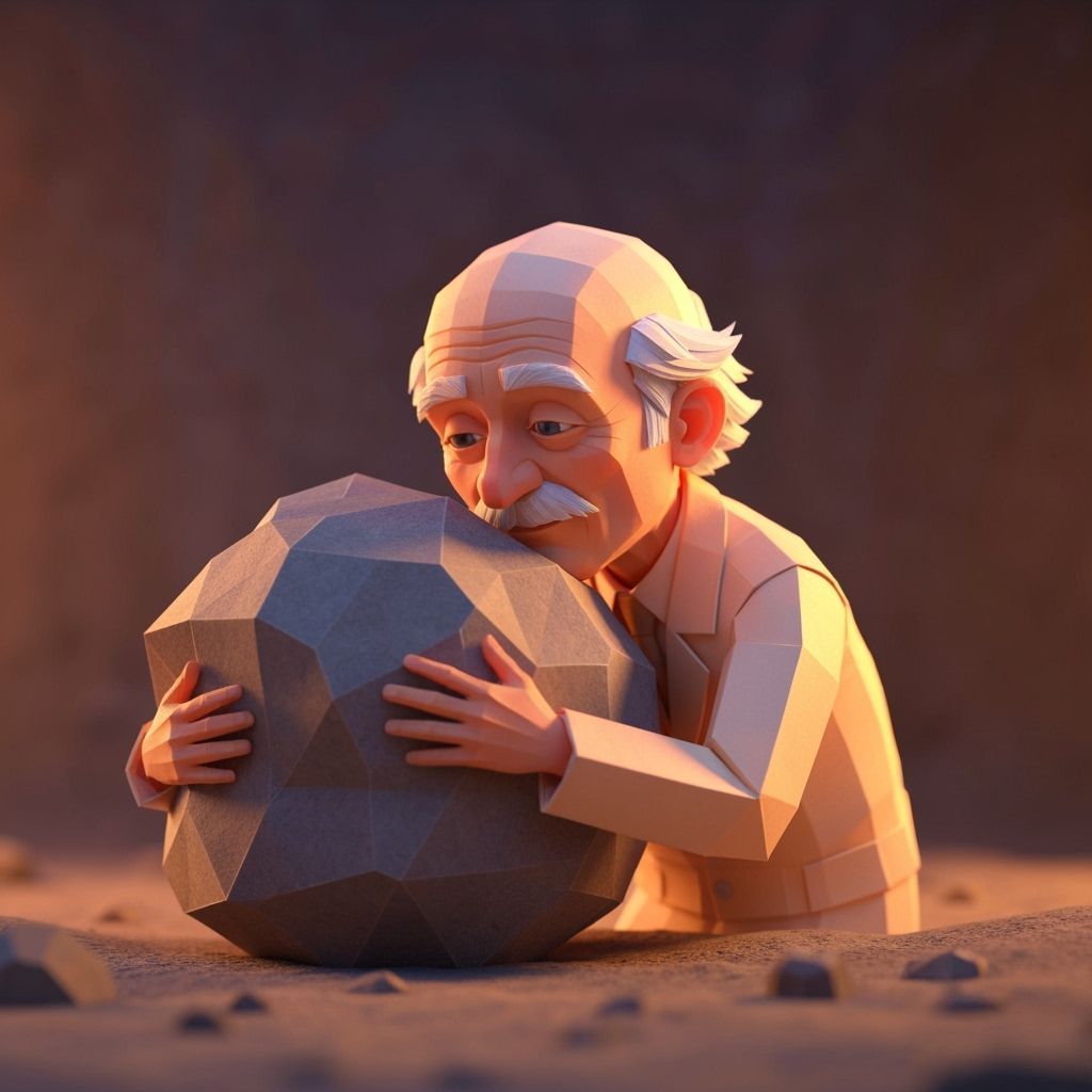Origami Geologist Embracing Rock in Golden Hour Light