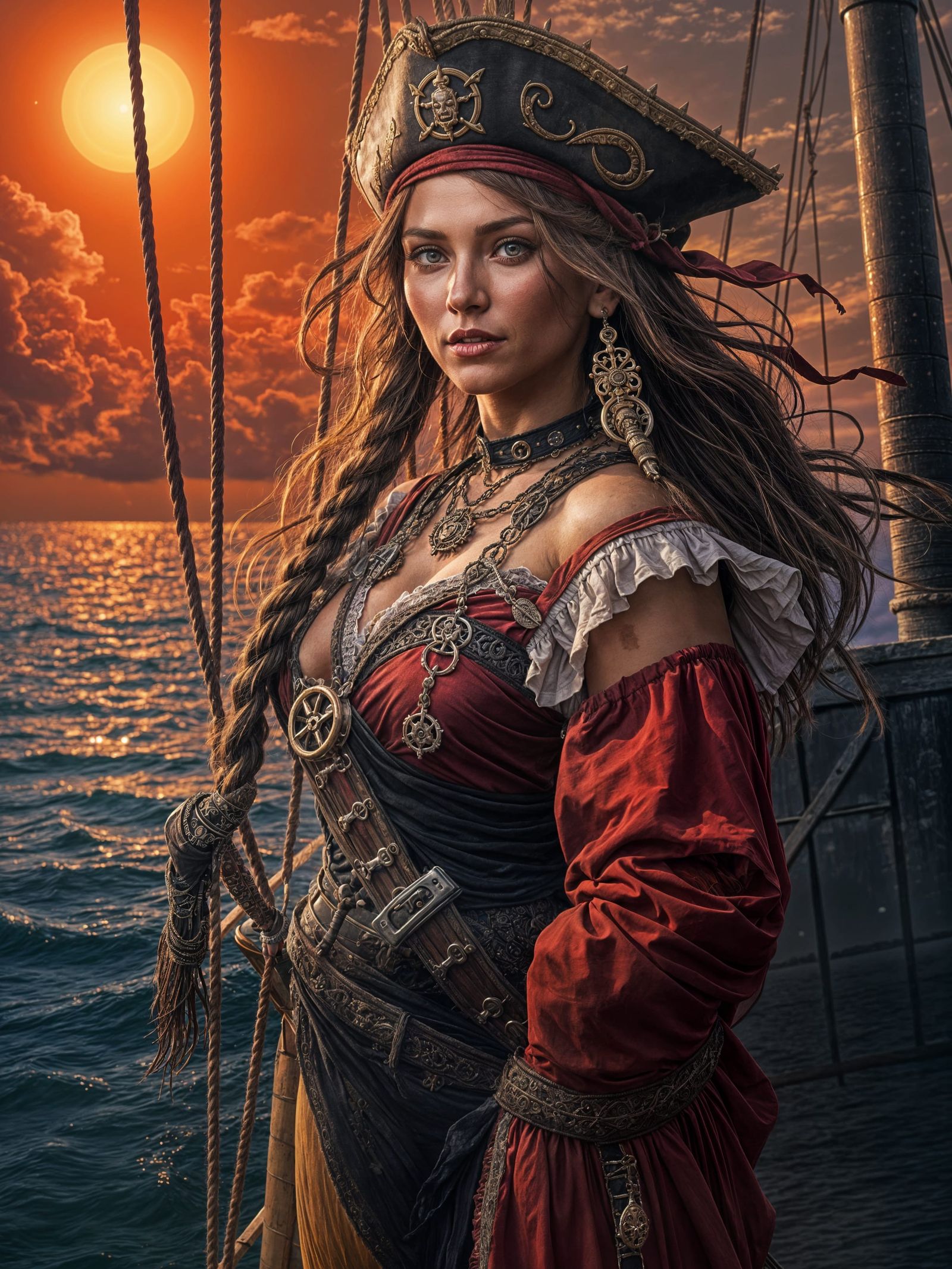 Hyperrealistic Pirate Woman on Ship at Sunset