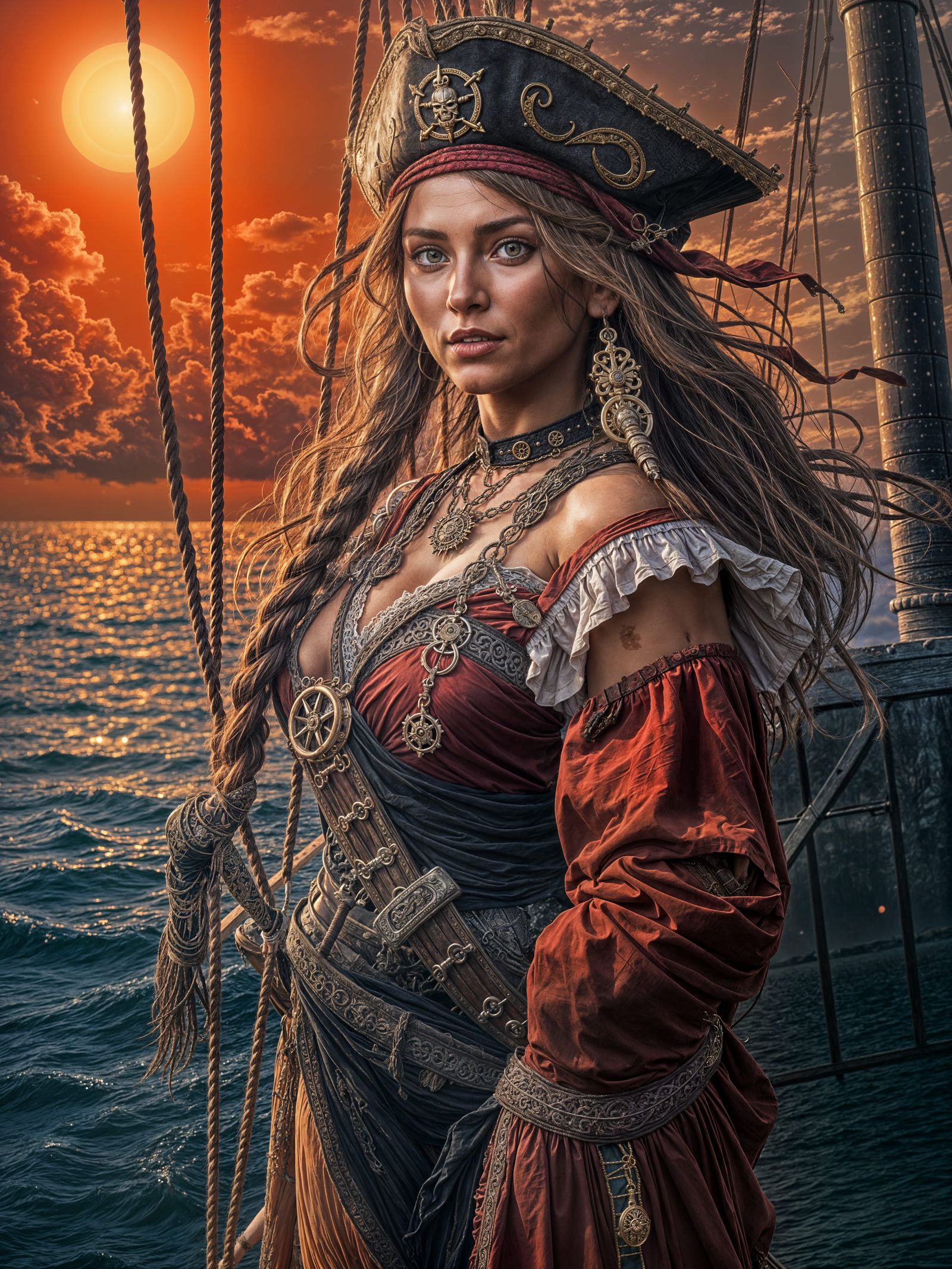 Hyperrealistic Pirate Woman on Ship at Sunset