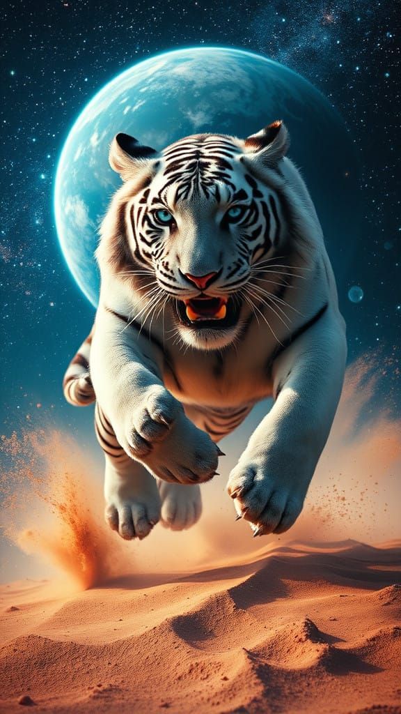 Cosmic White Tiger Leaps in Surreal Galaxy Landscape