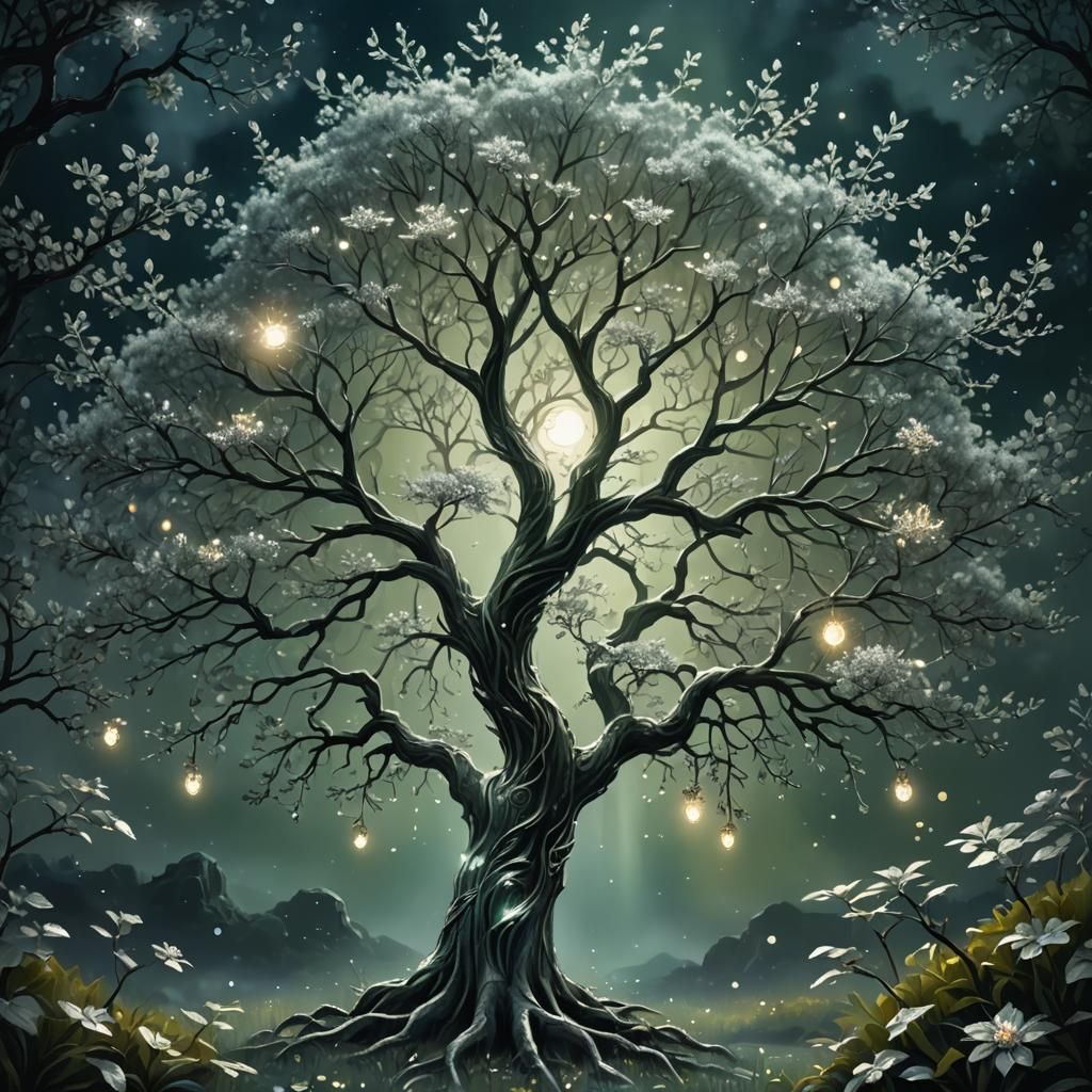 Mystical Silver Tree in Moonlit Fantasy Landscape