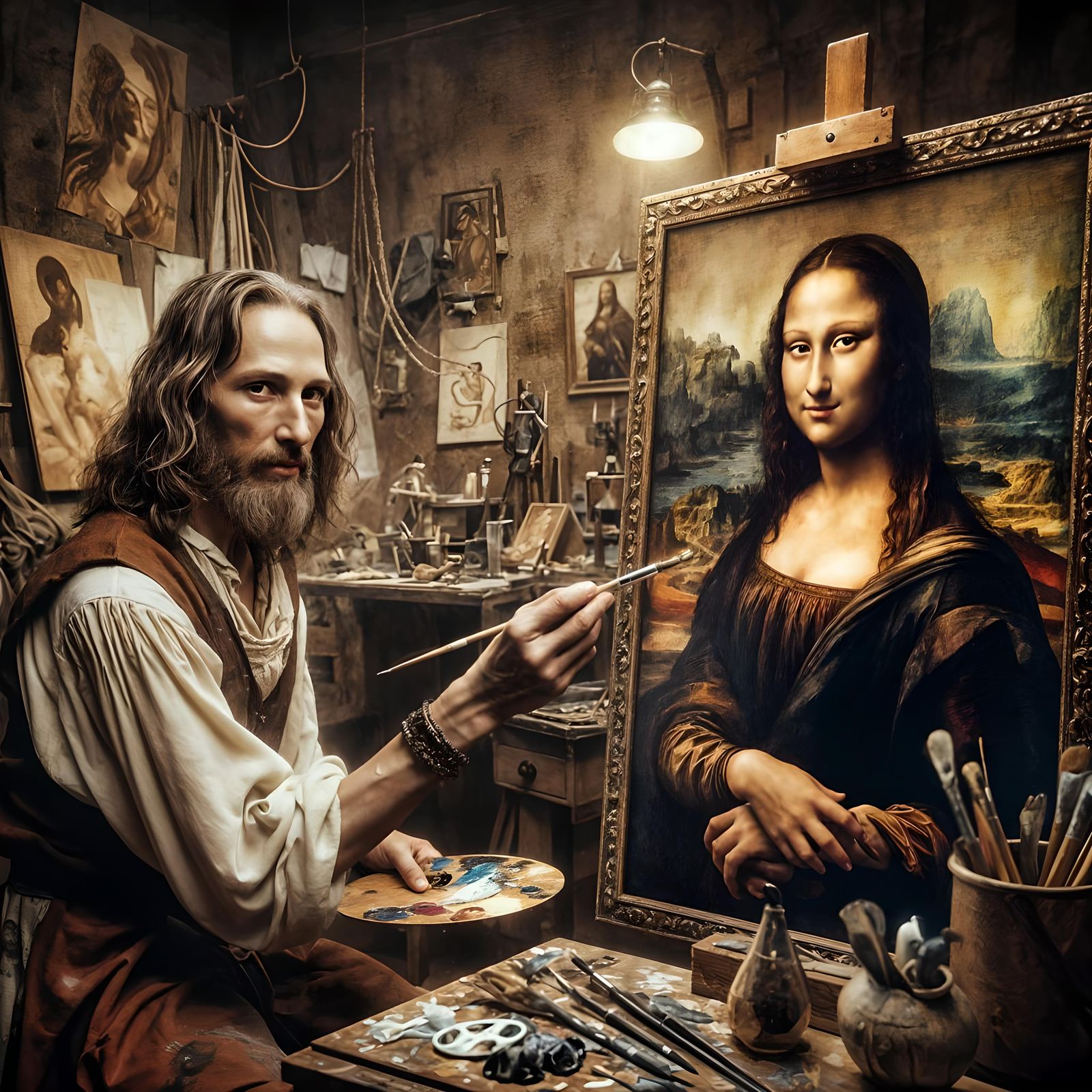 Mona Lisa Paints Leonardo Da Vinci: Hyperrealistic Photograp...