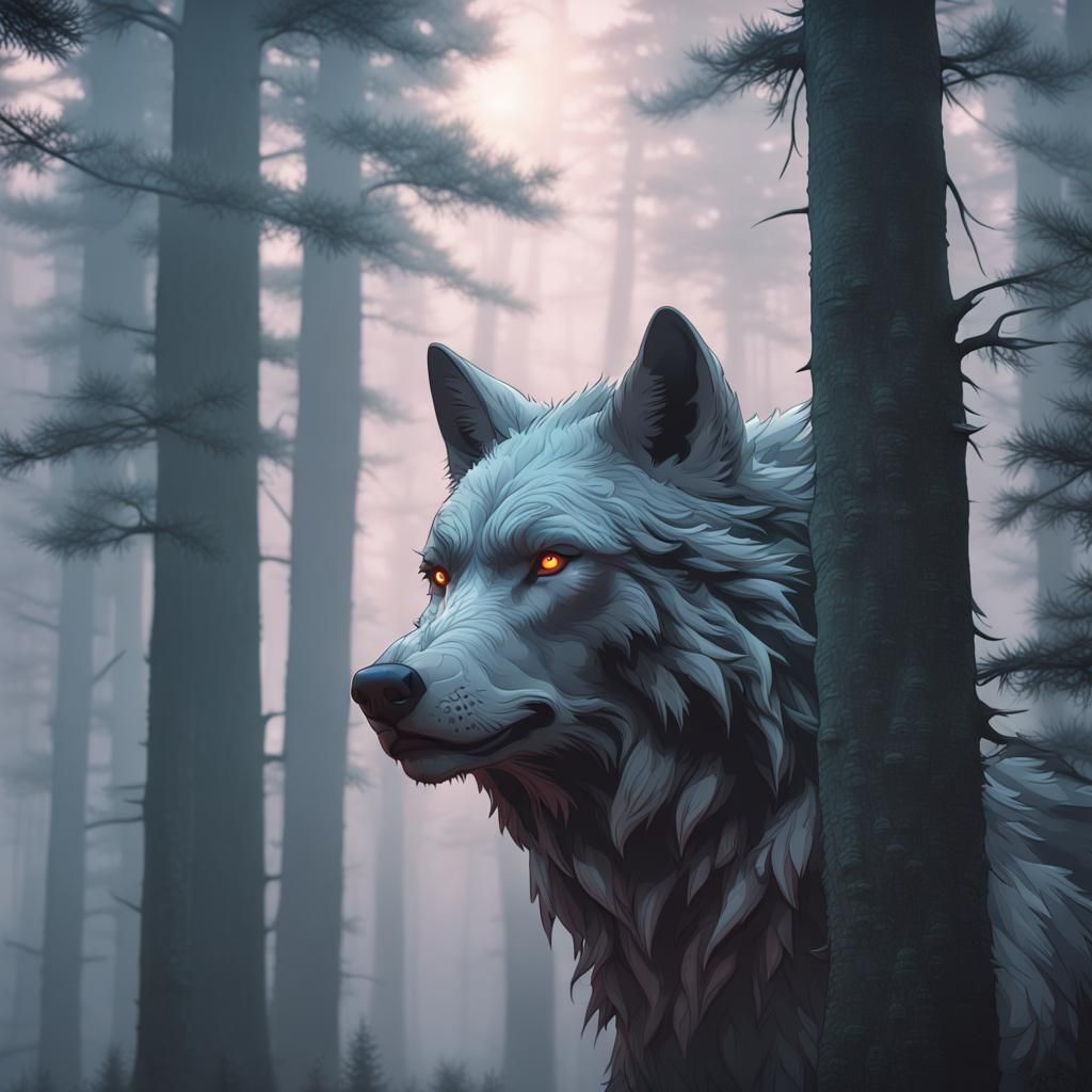 Ethereal Wolf in Foggy Forest, Hyperdetailed Concept Art