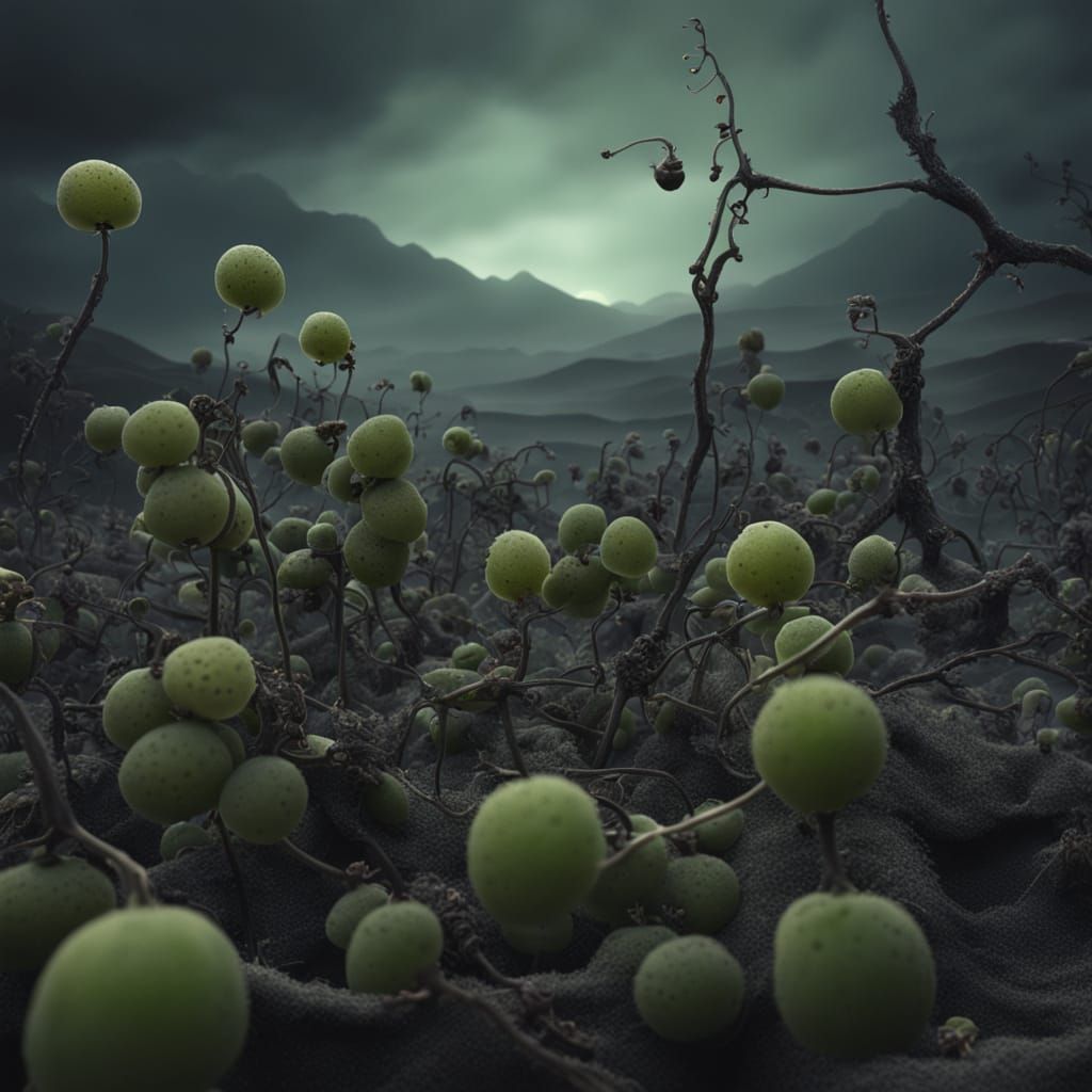 Surreal Barren Landscape with Bloomless Poppies and Proserpi...