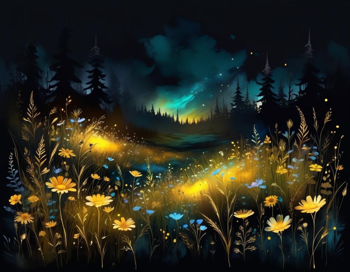 Luminescent Gold Wildflowers in Magical Forest