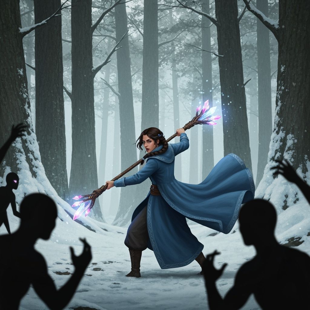 Mage Fleeing Through Snowy Forest, Cinematic Style