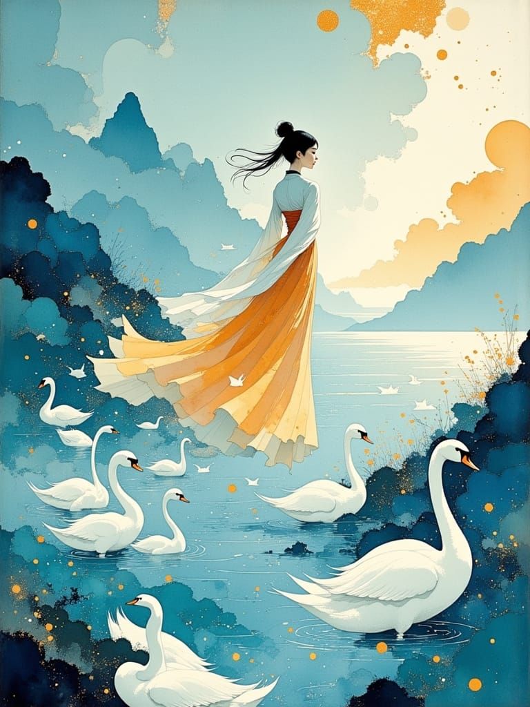 Ethereal Korean Girl Soars Above Ocean with Swans in Dreamy ...