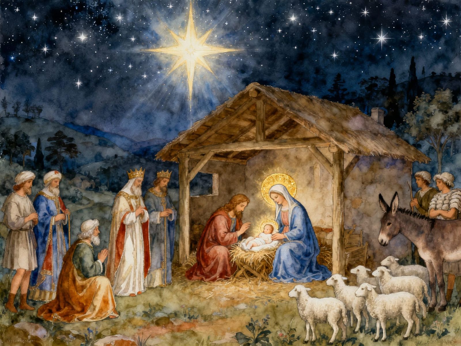 Nativity Scene Watercolor Painting: Holy Family and Wise Men