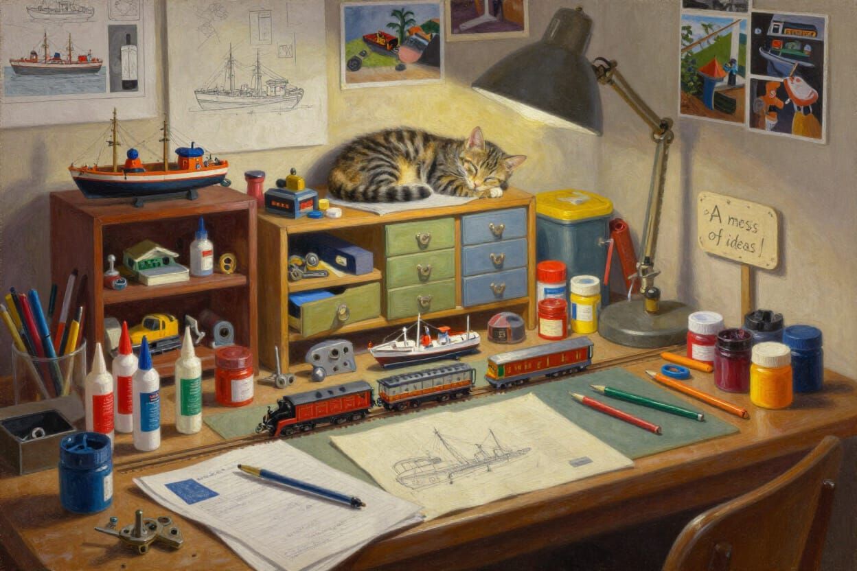 Cluttered Hobbyist Table Oil Painting