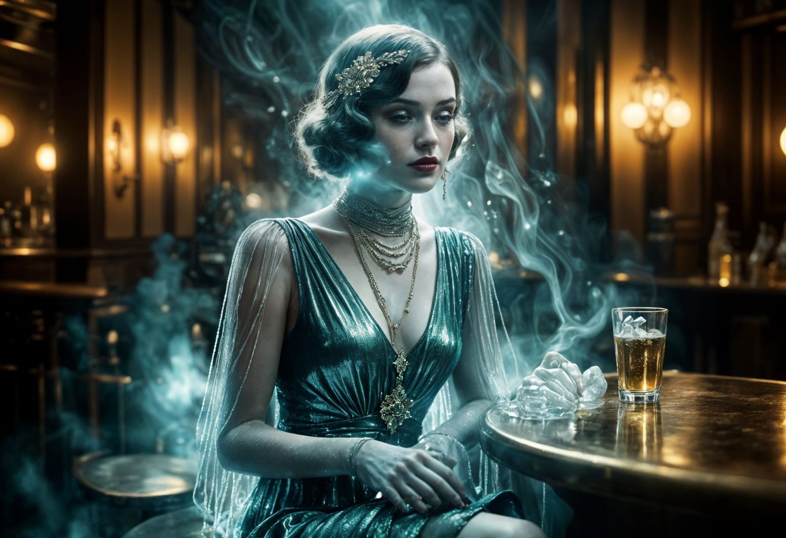 Icy Woman at Speakeasy with Forest Double Exposure