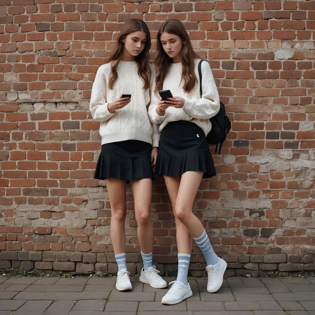Girl with Brown Hair Leaning Against Brick Wall