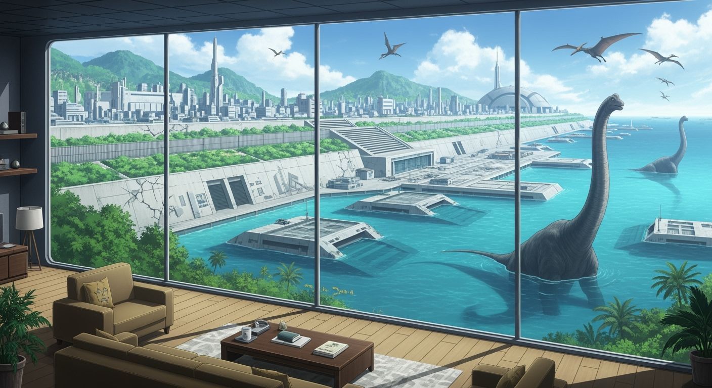 Futuristic Bunker with Dinosaur in Turquoise Water