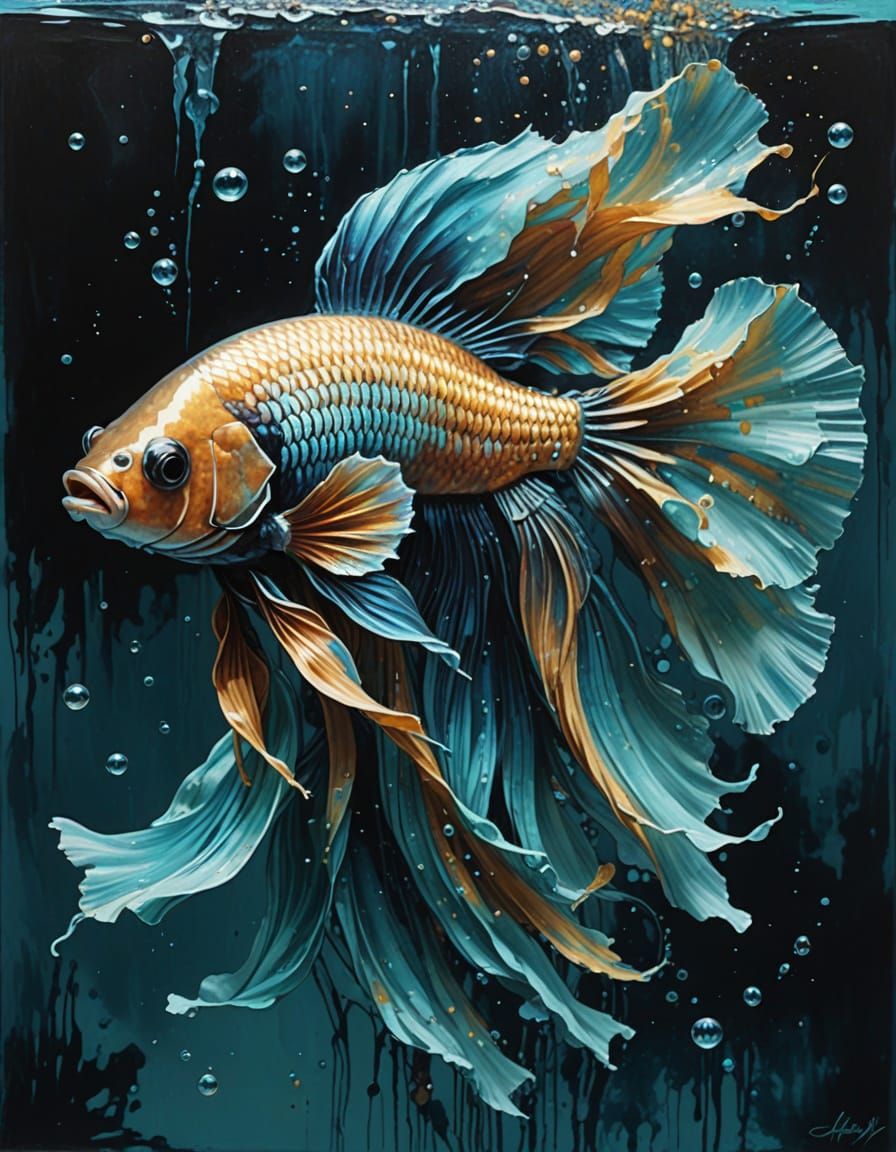 (Siamese fighting fish:1.5), Bojan Jevtic and Ashley Wood, blue and turquoise dominant with delicate bubles of liquid go...