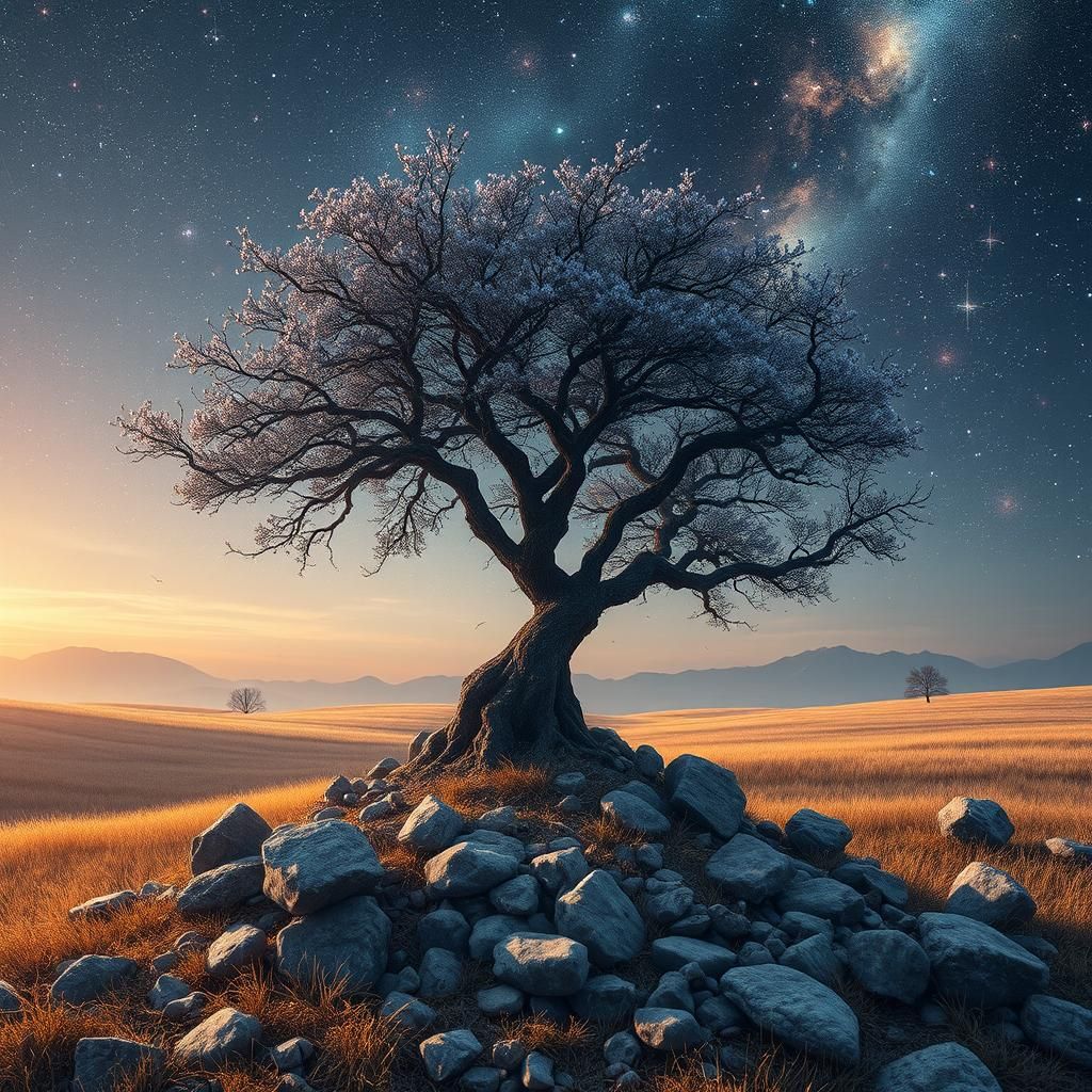 Cosmic Landscape with Earthy Stones, Holographic Illustratio...