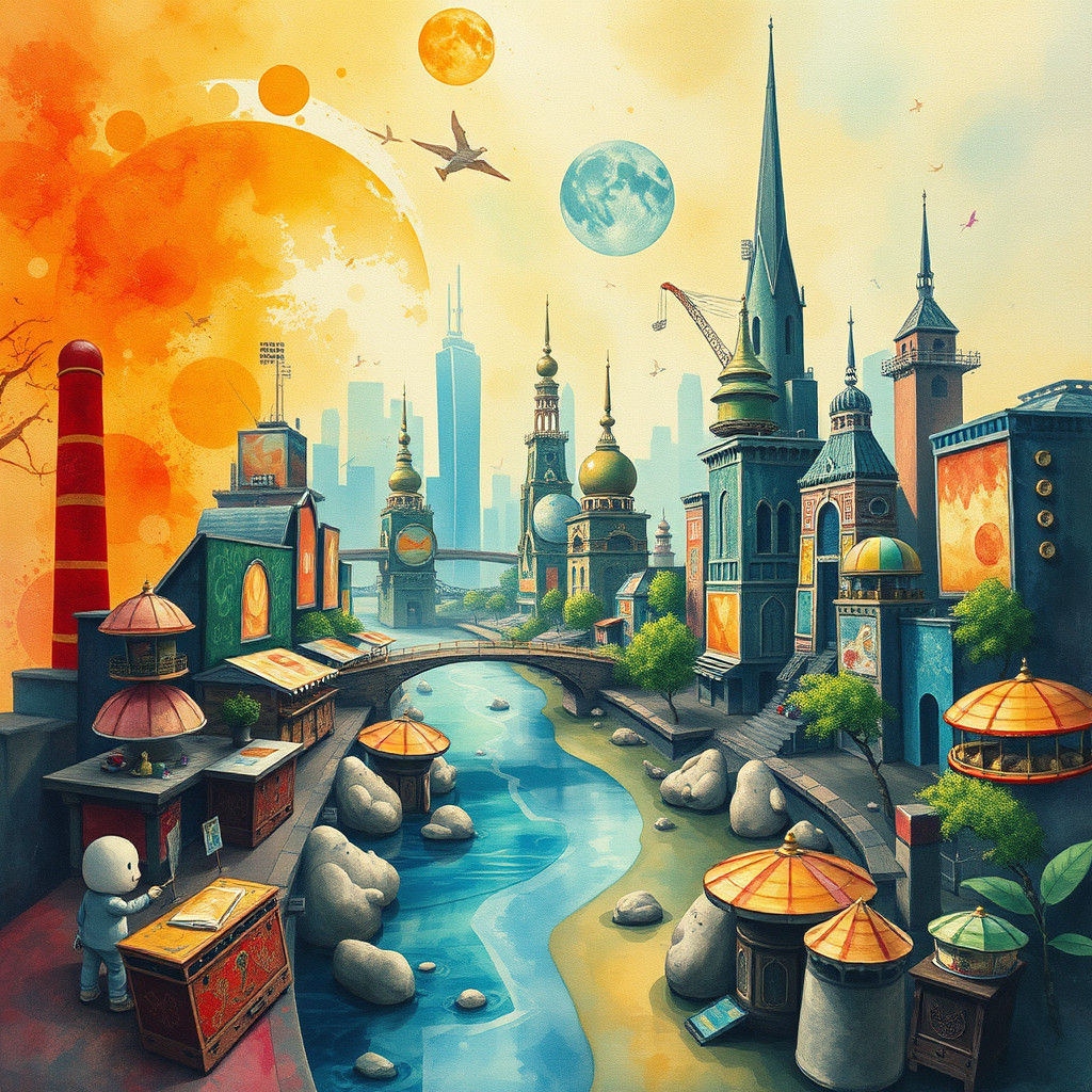 Musical Future City in Watercolor Art Style