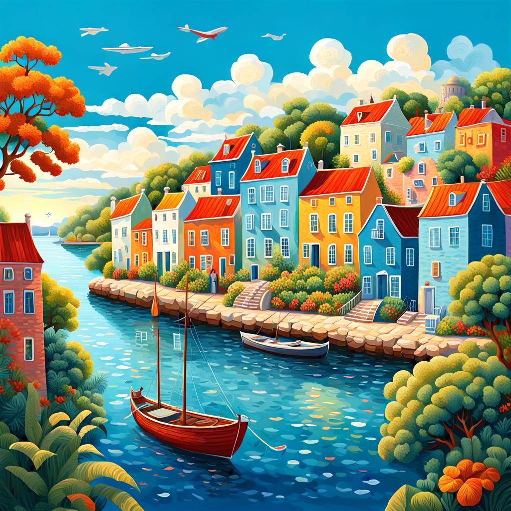 Whimsical Seaside Village in Naive Art Style