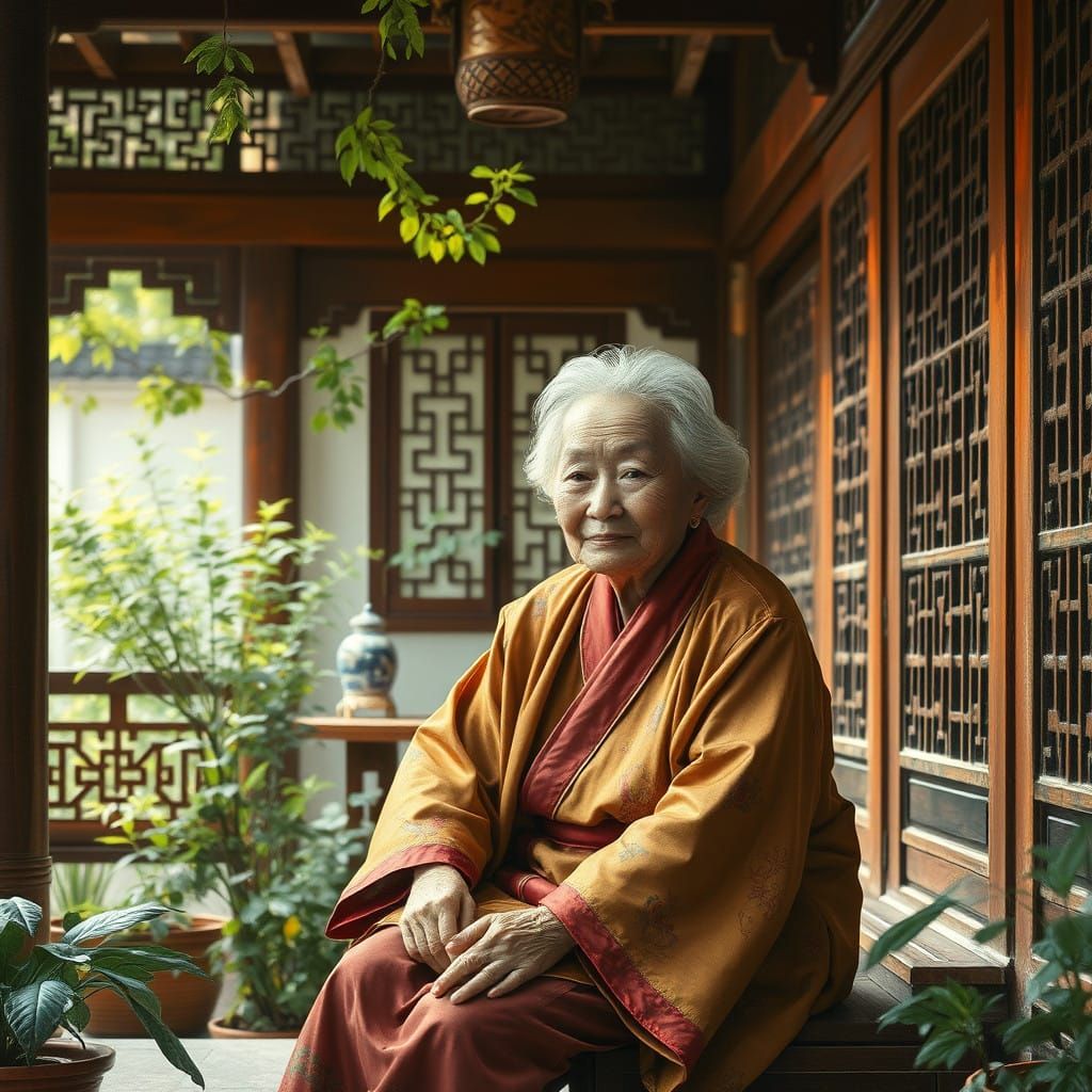 Elderly Woman in Traditional Chinese Courtyard