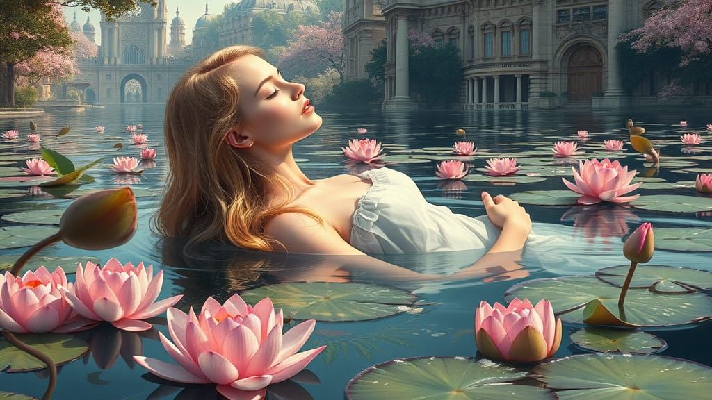 Floating Goddess of the River in Whimsical Art Nouveau Style