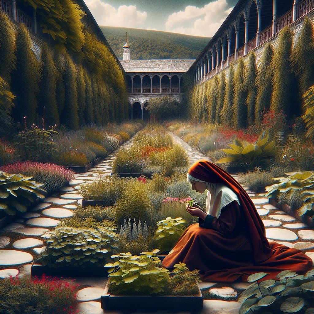 Red-Haired Nun Praying in Monastery Garden