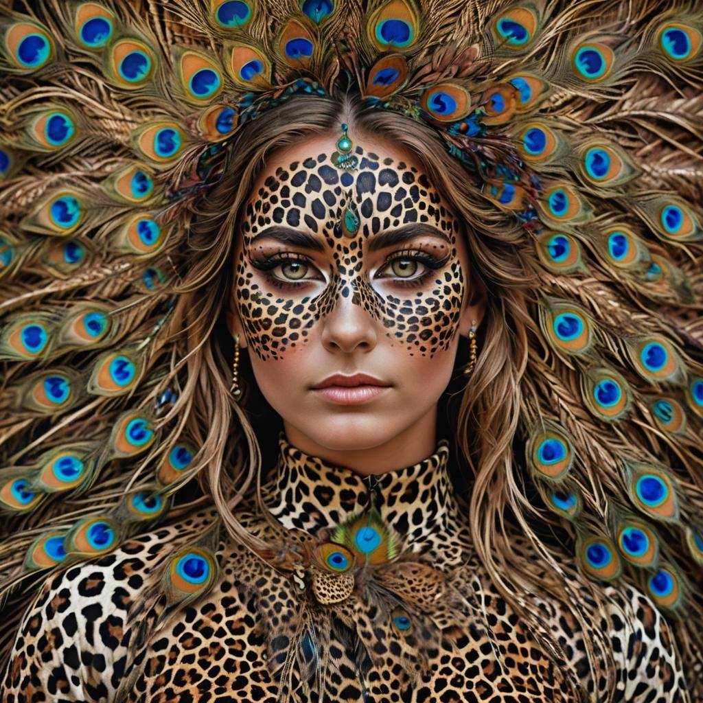 Leopard Print Woman with Peacock Feathers