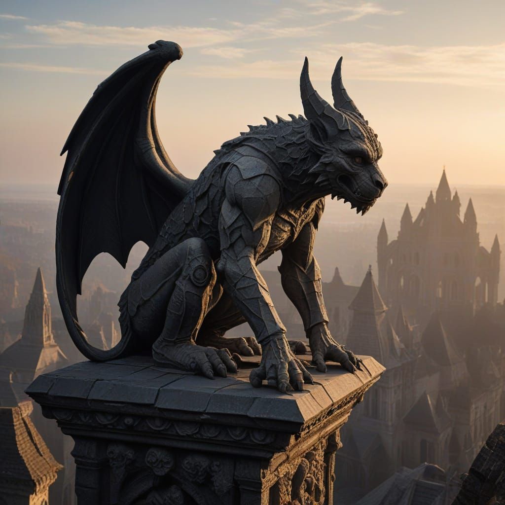Gothic Gargoyle on Ruined Parapet in Dark Fantasy Style