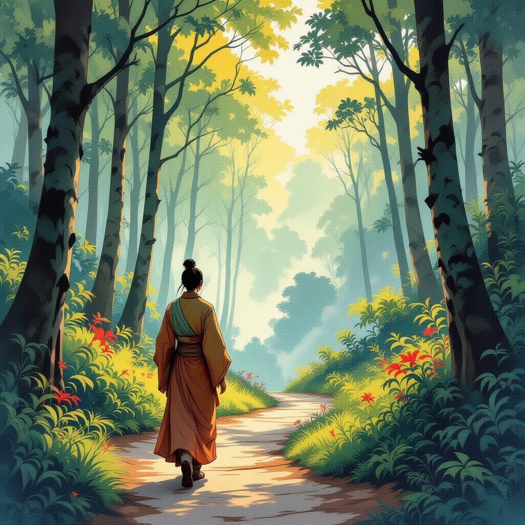 Serene Asian Landscape with Traveler, Ink and Watercolor